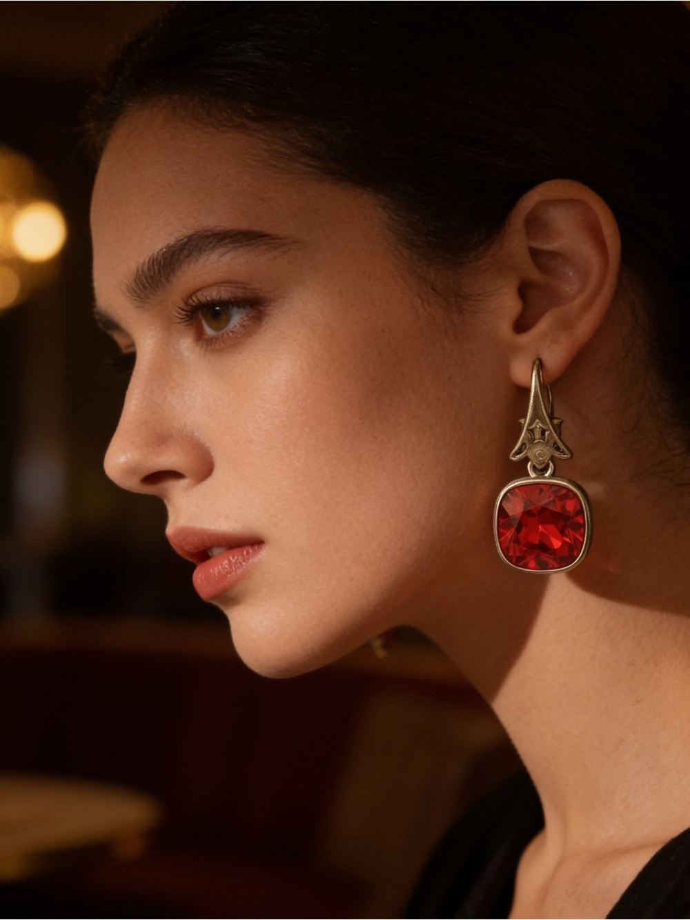 Vintage Ruby Red Crystal Cushion Cut Drop Leverback Earrings